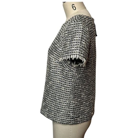 Talbots Gray Black Tweed Short Sleeve Blouse W. Fringe Sleeves Women's Size 8P - Picture 3 of 6